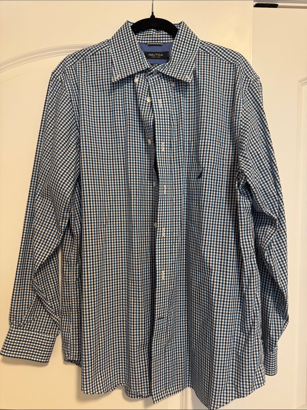 Nautica Blue and White Gingham Button-Down Dress Shirt